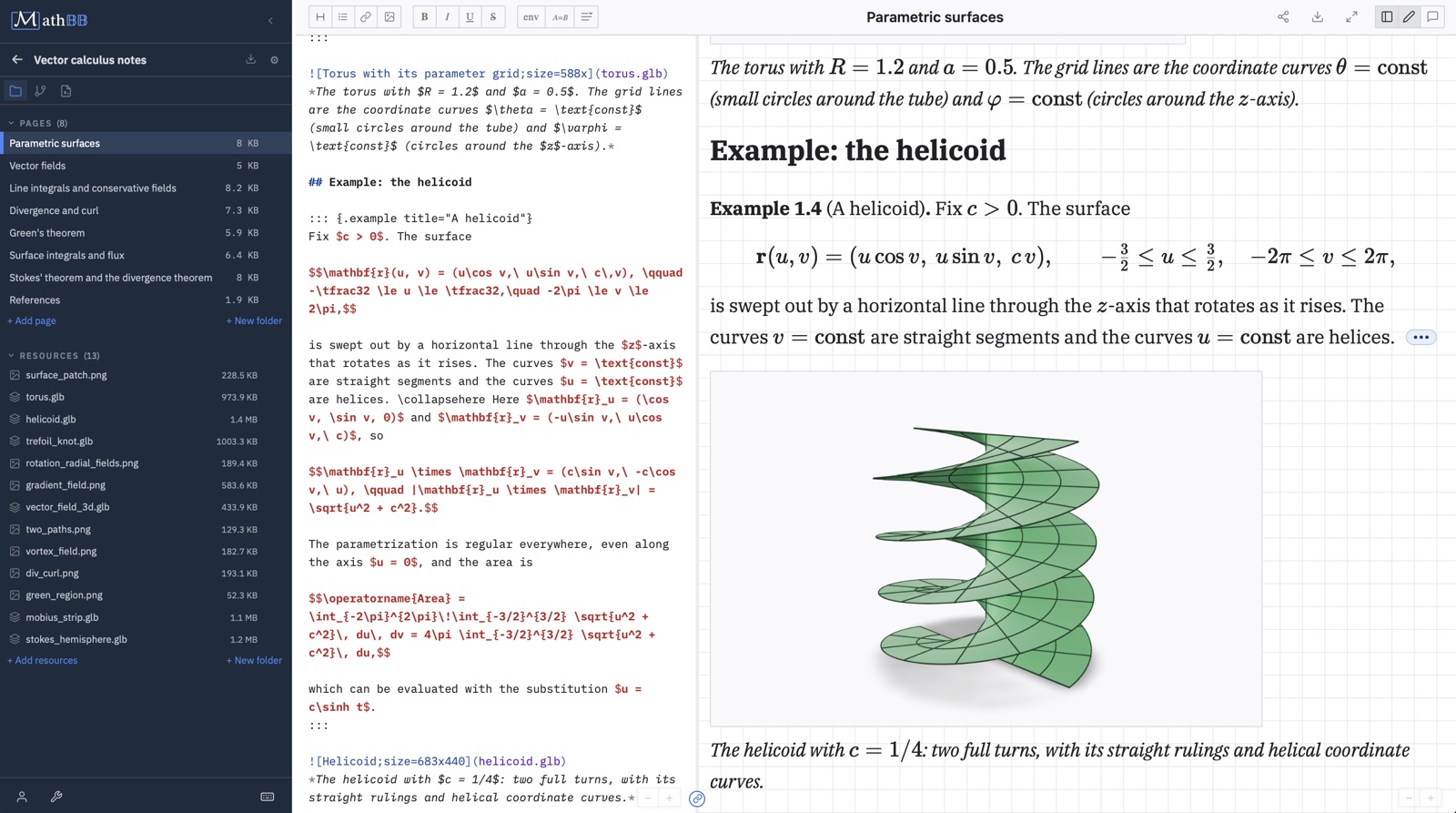 MathBB vector calculus notes: LaTeX source for an example about the helicoid next to the rendered page with a 3D model of the helicoid.