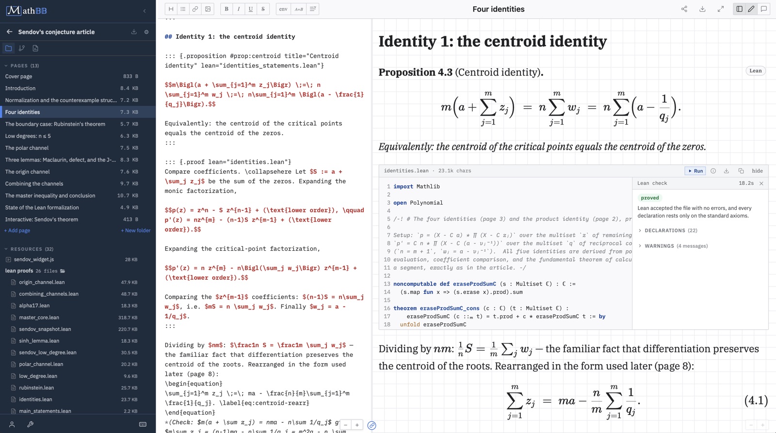 MathBB page with a proposition and its proof, alongside the attached Lean formalization and a Lean check reporting the file as proved.